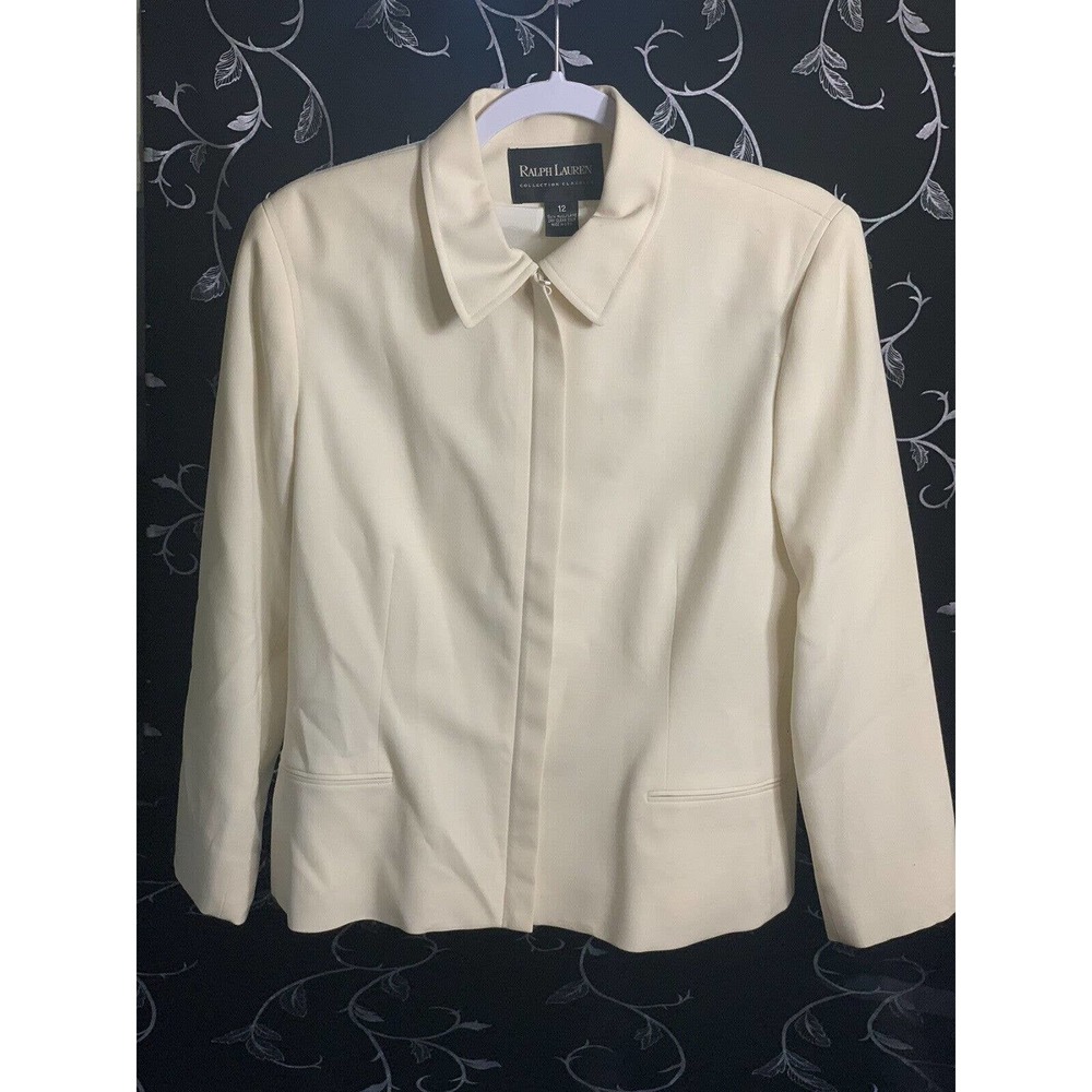 Ralph Lauren Collection Classics Size 12 Wool Zip Blazer Beige Black Label